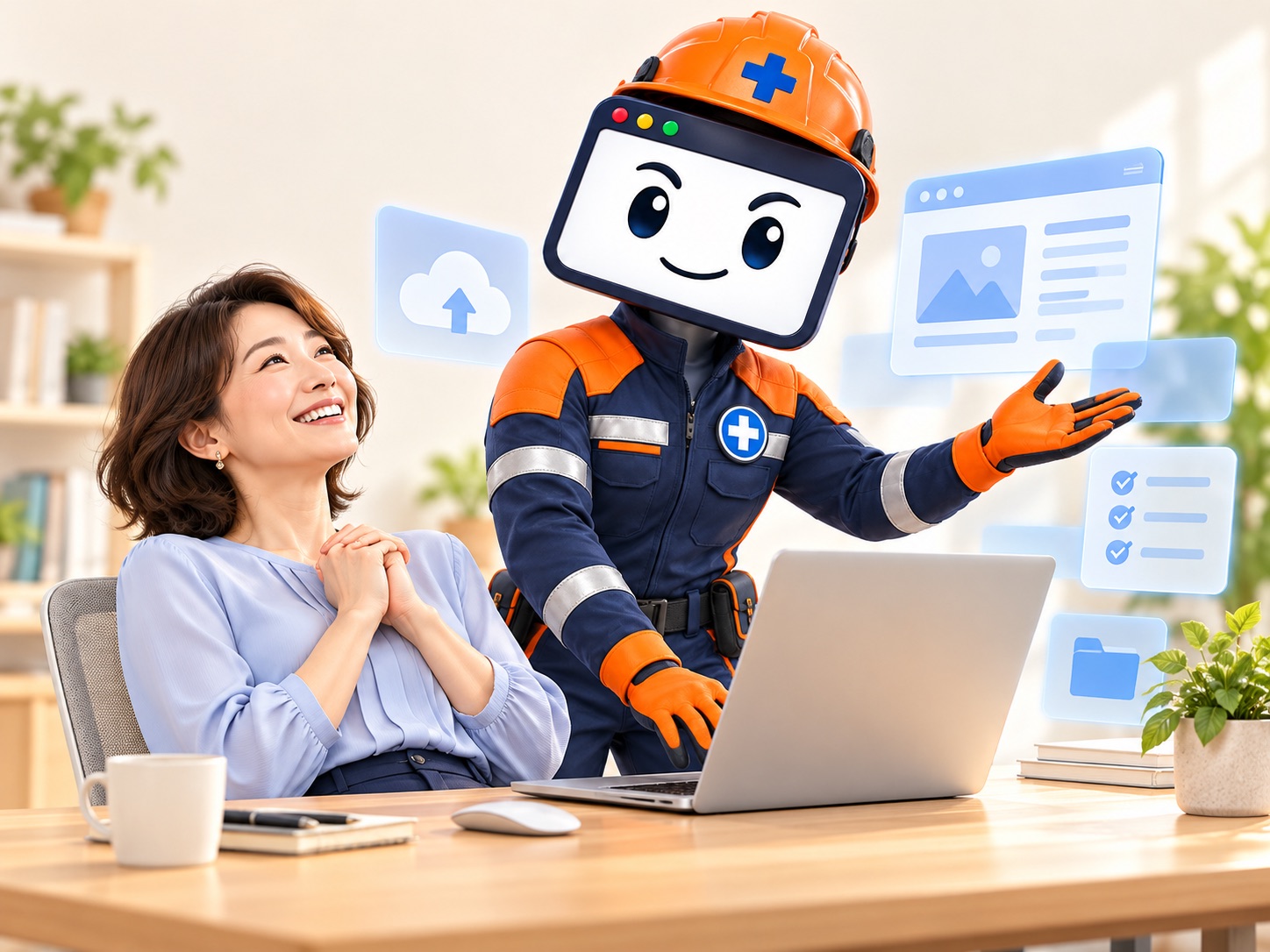 サイト救急隊がパソコンの対応を引き受け、安心した表情になる担当者のイメージ